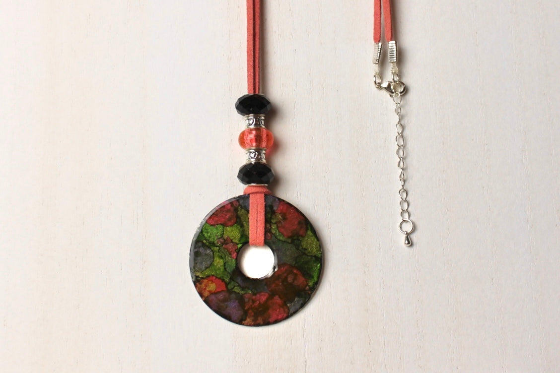 Coral, Black, Green, Purple Beaded Necklace