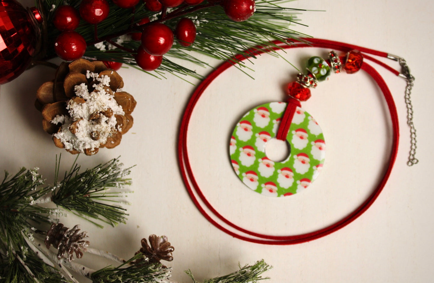 Red, Green & White Beaded Necklace