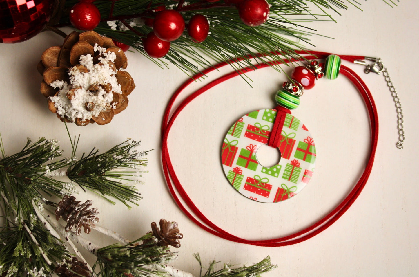 White, Red & Green Beaded Necklace