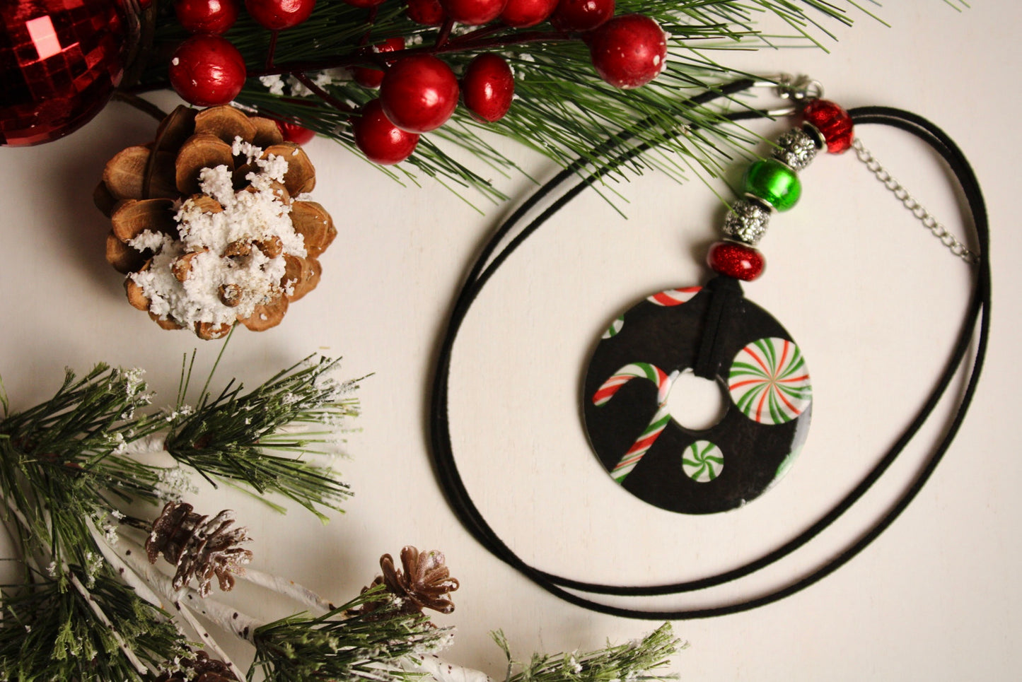Black, Red & Green Beaded Necklace
