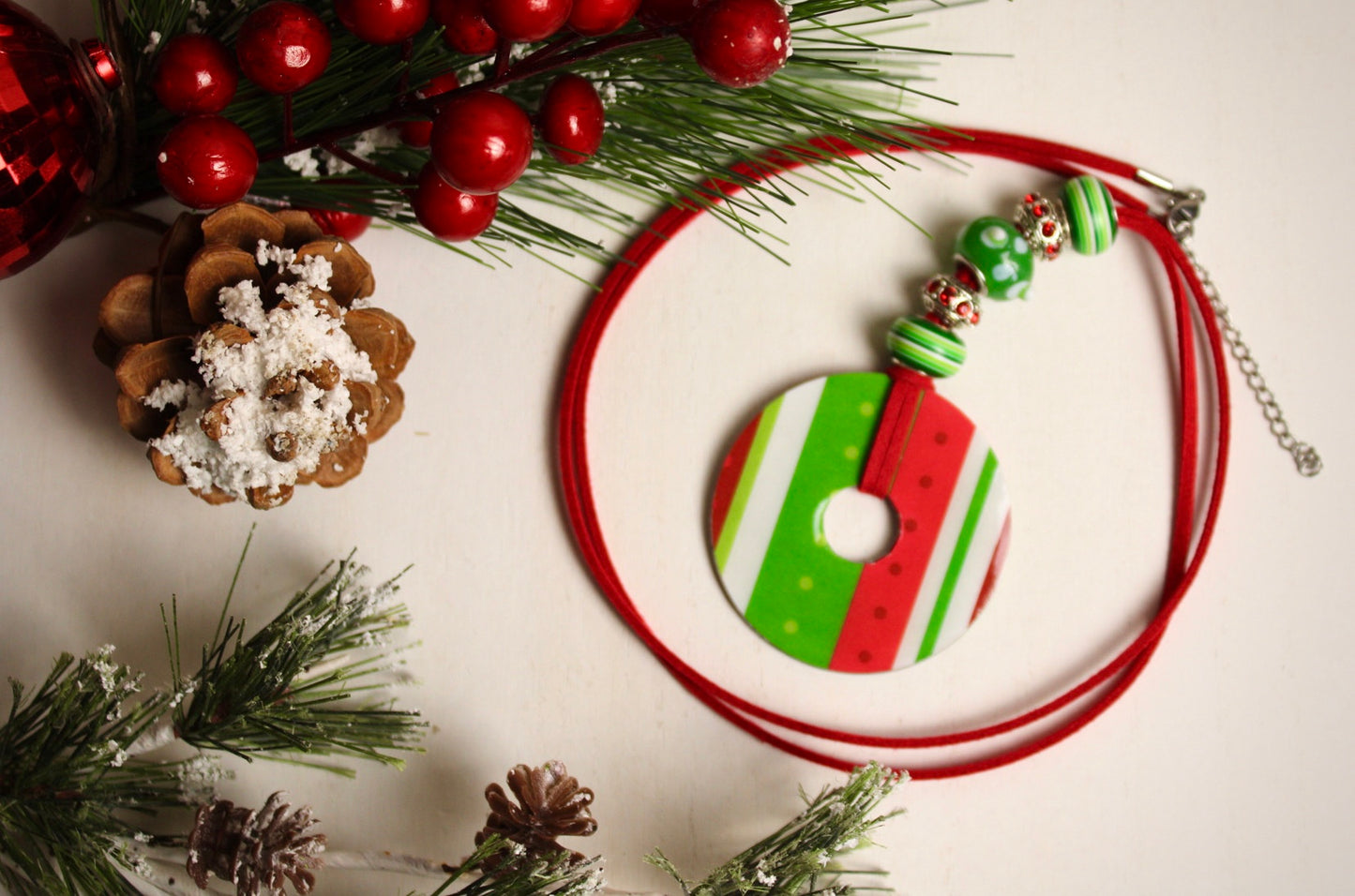 Red, Green & White Beaded Necklace