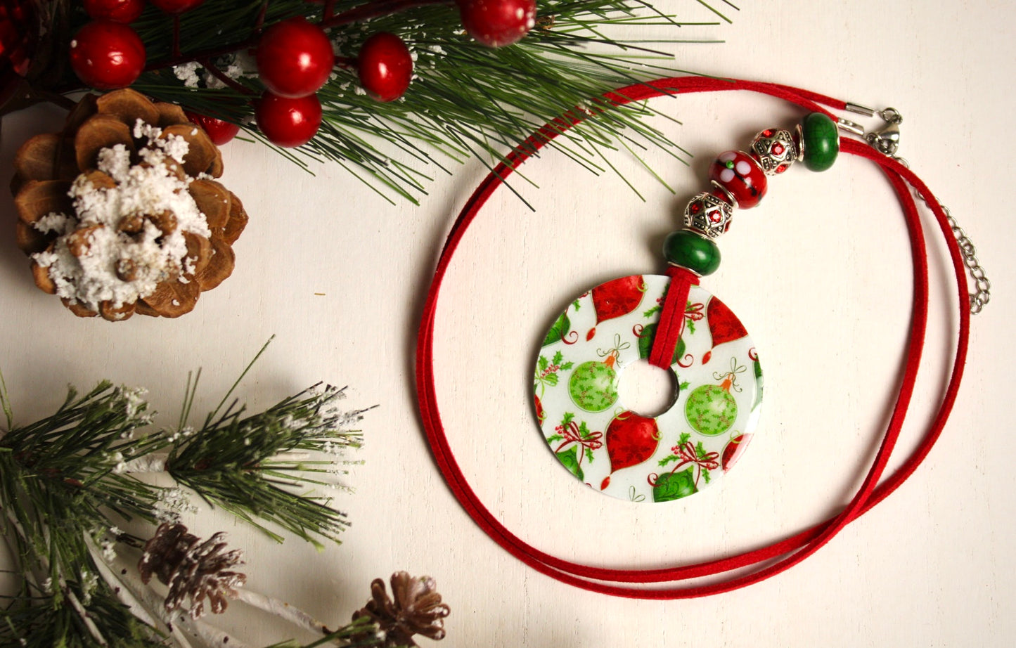 White, Red & Green Beaded Necklace